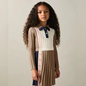 NWOT $130 REISS KLEO 6-7 YRS RIBBED COLOURBLOCK FUNNEL NECK DRESS IN CAMEL